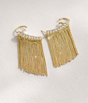 BRINCO EAR CUFF FRANJAS CASCATA DE LUZ BANHADO A OURO 18K