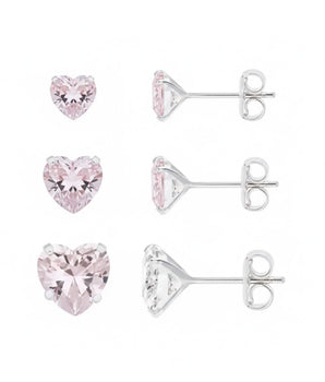 KIT DE BRINCOS - PONTO DE LUZ  CORAÇÃO ZIRCÔNIA ROSA 6/4/3 MM - PRATA 925